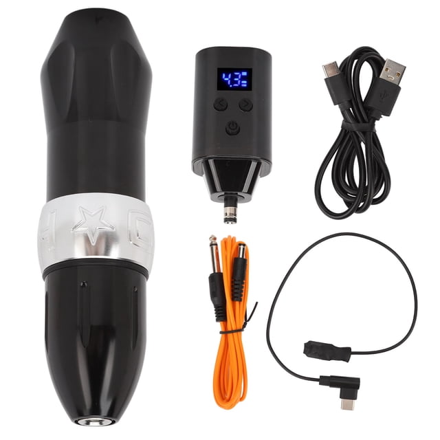 Máquina de tatuajes Kit de pluma Aleación de aluminio LCD Control de modo dual inalámbrico Interfaz de CC Fuente de alimentación para tatuajes Plata