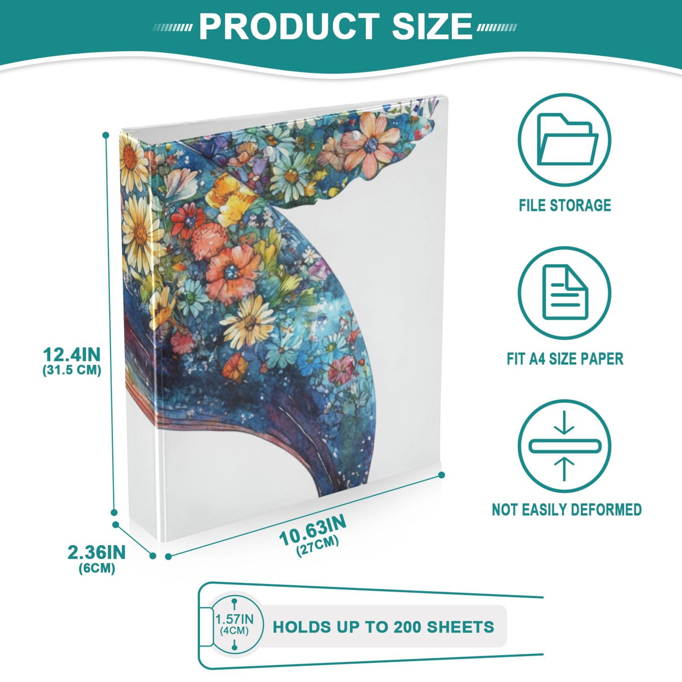 Flowers Whale 3 Ring Binders 1.5 inch Hardcover File Folders with Interior Pockets A4 Size Organizer for School Office Hospital