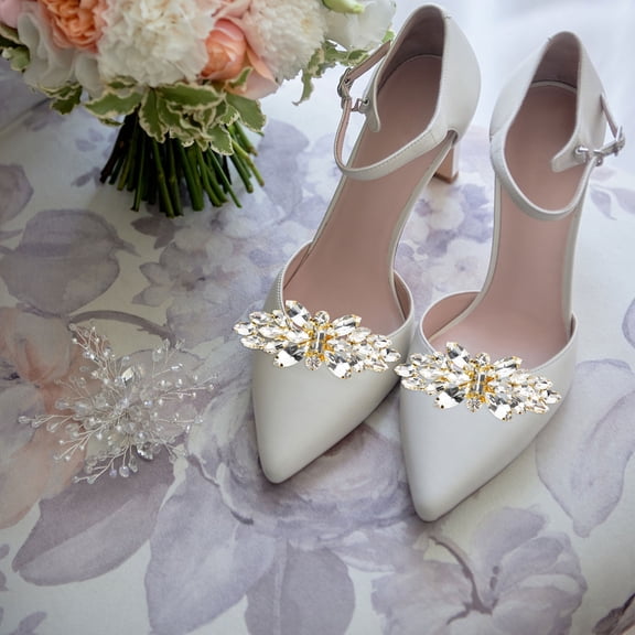 USHOBE 2Pcs Golden Alloy Bridal Shoe Clips Rhinestone Decor for Women's