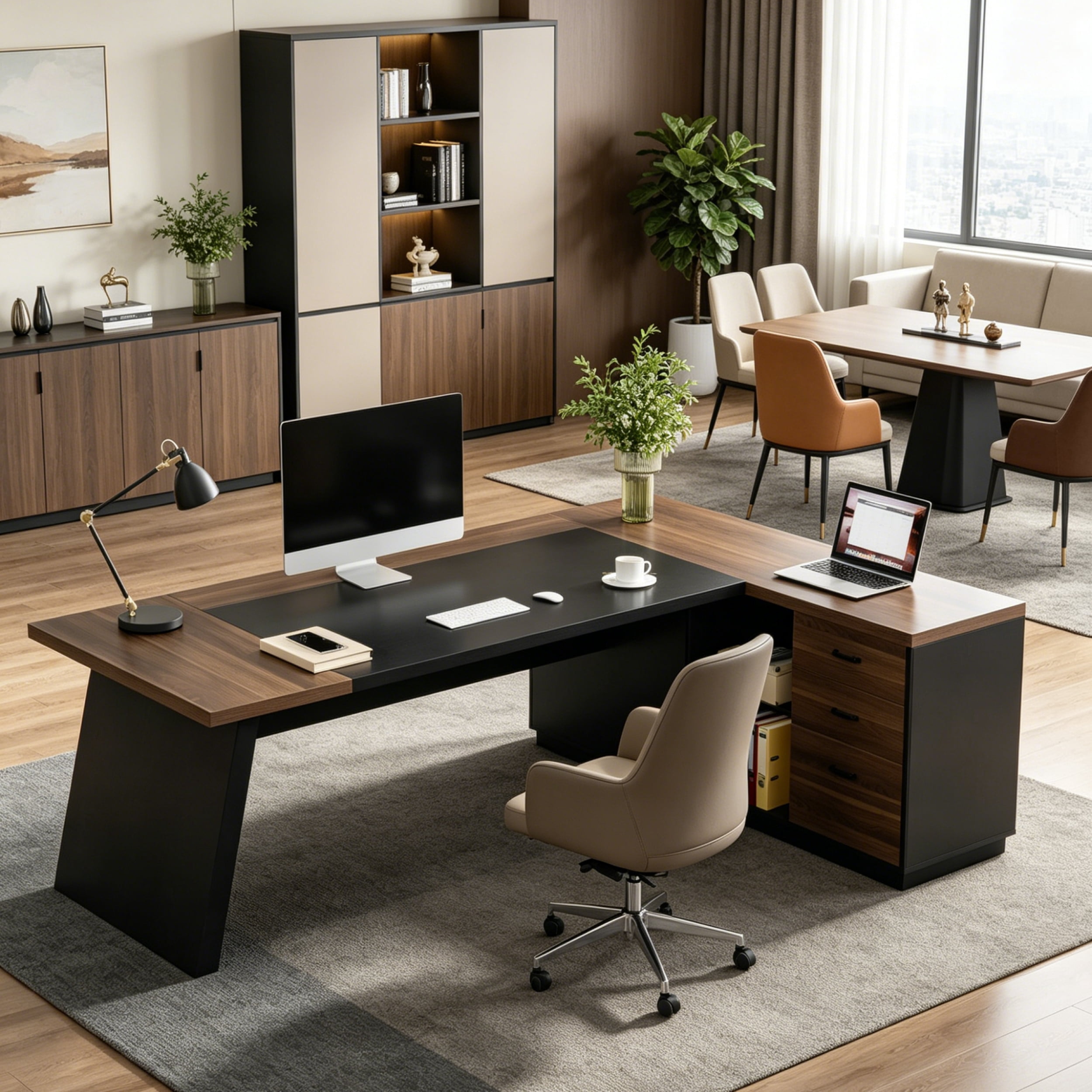 Fnova 78" L-Shaped Executive Desk with Drawers, Large Office Desk with Storage, Modern Business Desk for Home Office and Commercial Use