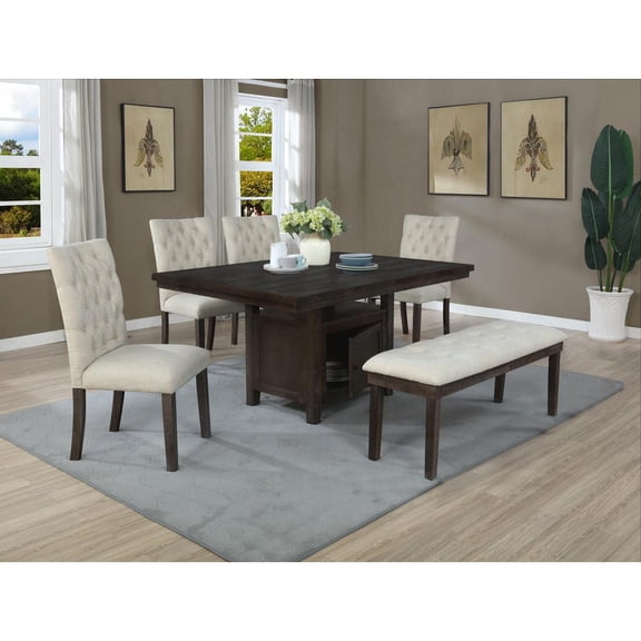 Rustic Dark Oak Wood 6pc Dining Set with Table Beige Linen Chairs Bench