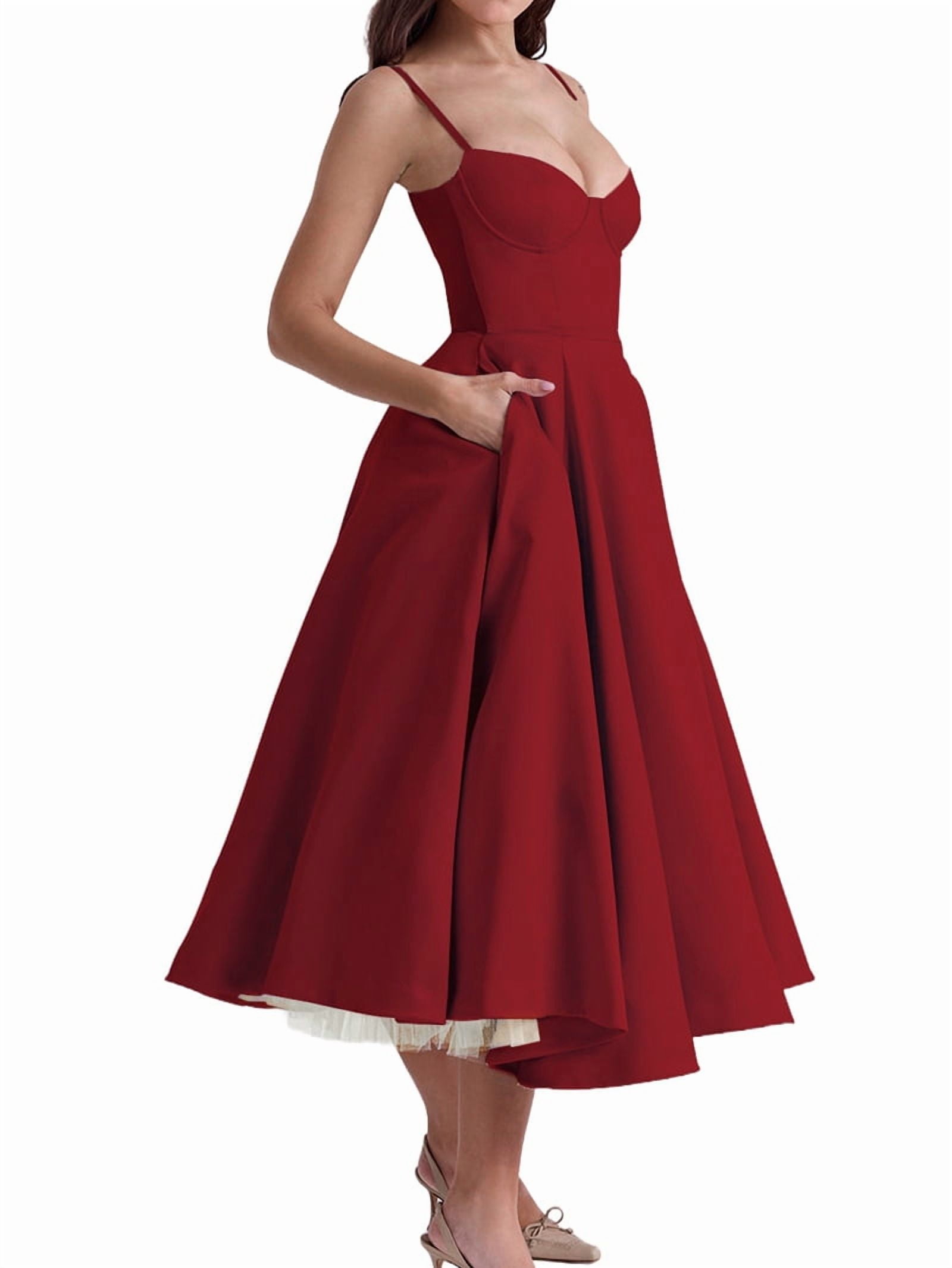 Wedding Guest Dresses for Women Spaghetti Straps Corset Homecoming Floral Lace Maxi Prom Dresses Red L