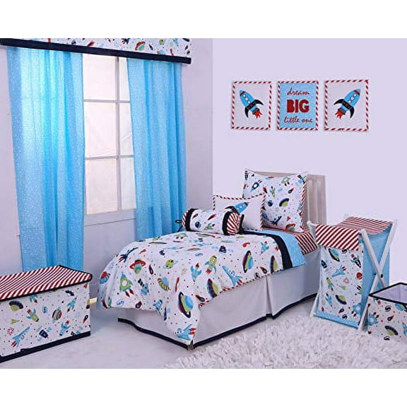Bacati - Space Multicolor Boys Cotton 4 pc Toddler Bedding Set 100 Percent Cotton Includes Reversible Comforter, Fitted Sheet, Top Sheet, and Pillow Case for Boys