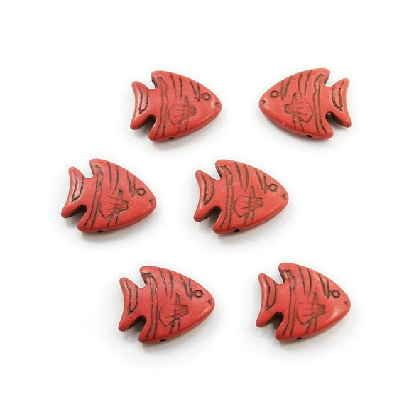 23x26 Pack Of 6 Red Howlite Carved Fish Beads Genuine Gemstone Natural Jewelry Making