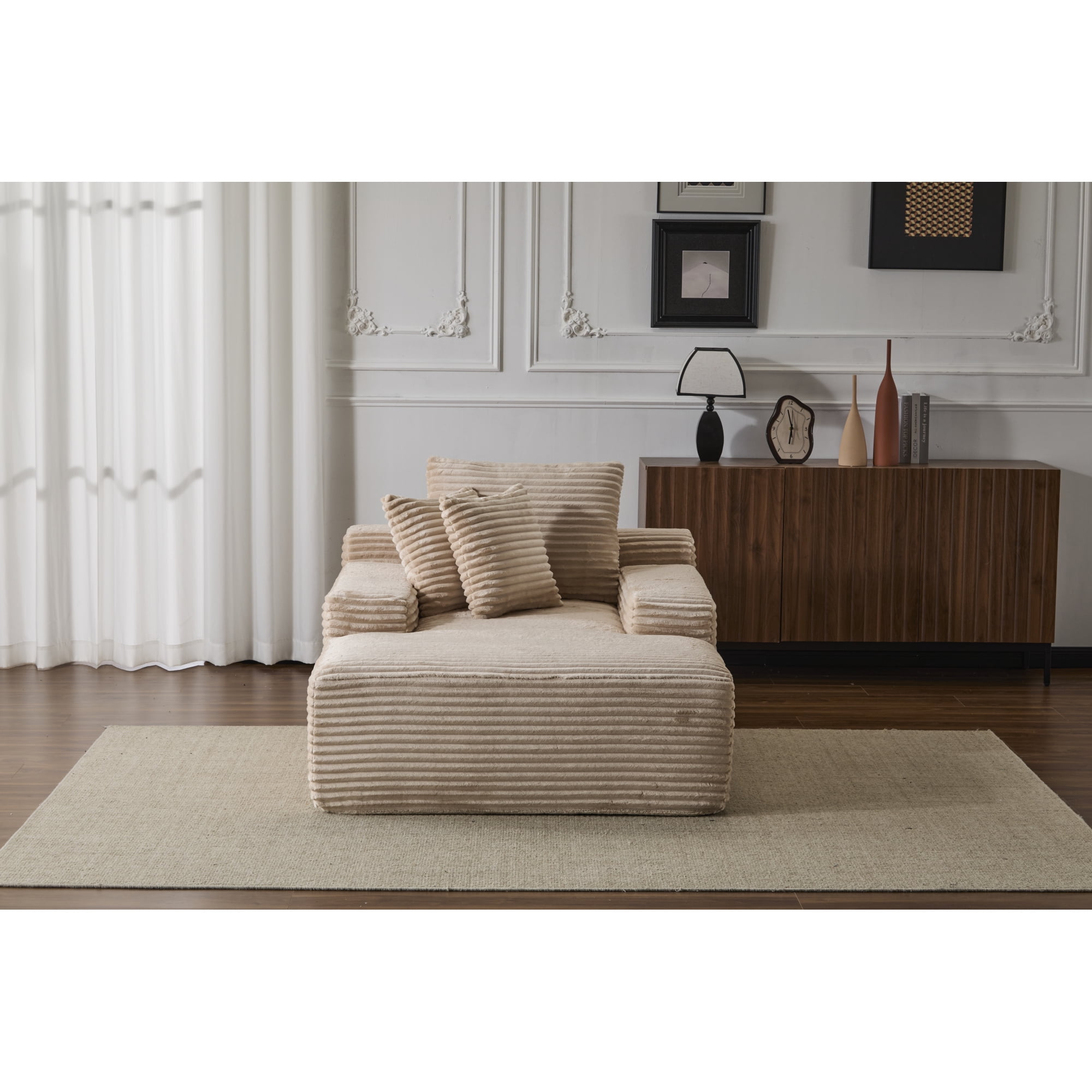Leumius Oversized Chaise Lounge Indoor,Cozy Cloud Couch Modern Plush Corduroy Upholstered Sofa Bed with 3 Pillows and Wide Armrest for Living Room, No Assembly Required,Beige