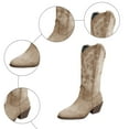 thumbnail image 4 of Rokment Women's Roman Wide Mid Calf Cowboy Boots Fall Winter Vintage Embroidered V Cut out Slip on Western Cowgirl Tall Boots, 4 of 7