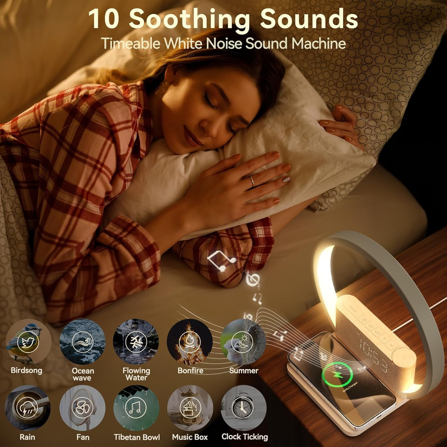 Sunrise Alarm Clock Wireless Charger, 10 White Noise Sound Machine with 30/60/90 Mins Timer, 3 Levels Touch Night Light Dual Clocks for Heavy Sleeper Bedroom Decor Gift Her
