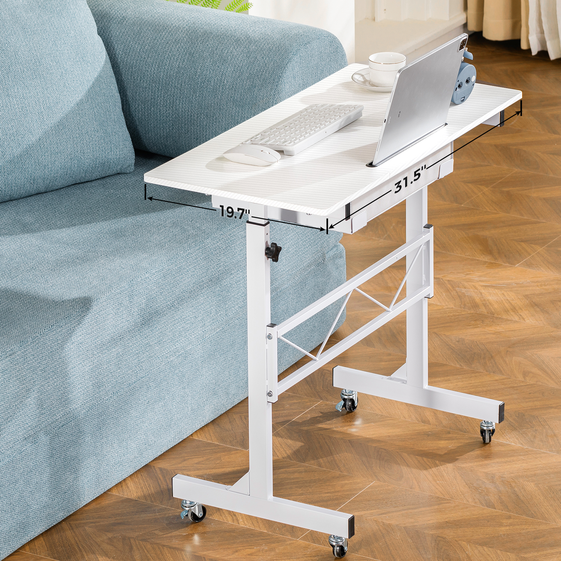 EXRACING Adjustable Standing Desk, 32" Portable Rolling Laptop Table with Wheels, Small Sit-Stand Computer Workstation，White