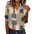 thumbnail image 6 of OIOLOYJM Golf Shirts for Women V Neck 3/4 Sleeve Plaid Polo Shirts Summer Collared Loose Fit Sports T-Shirt Comfy Cozy Trendy Outfits Khaki XL, 6 of 7