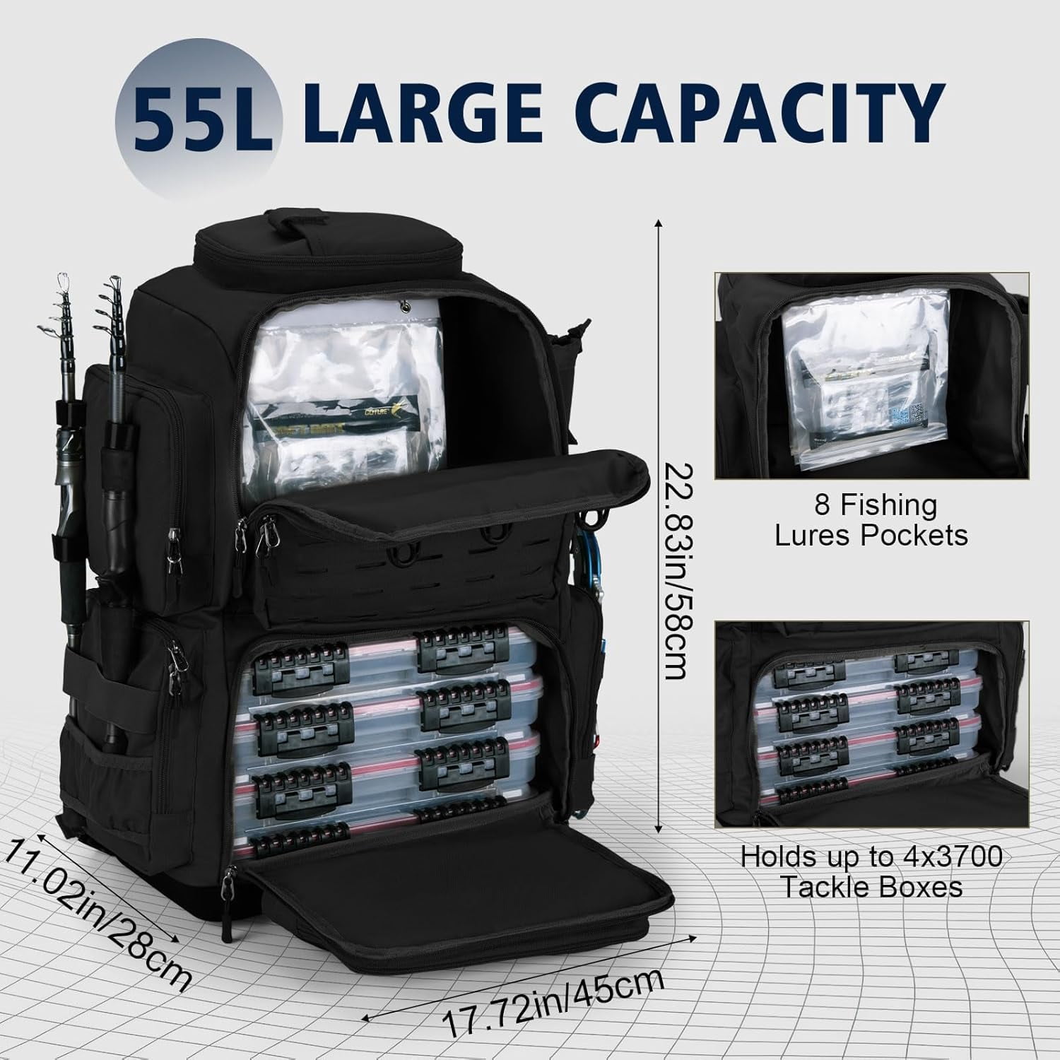 Fishing Backpack 55L Large Tackle Bag with Rod Holder EVA Bottom Rain Cover 600D Waterproof Storage for Camping Hiking