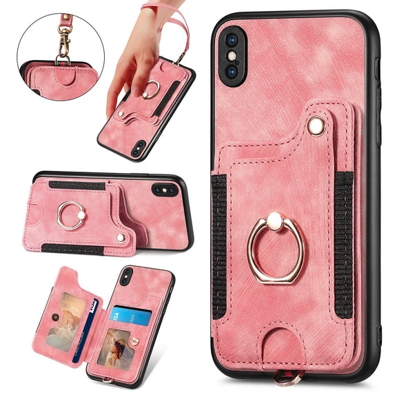 Nalacover For iPhone X / XS Case Ring Holder Kickstand with Credit Card Holder, Back Flip Premium Leather Magnetic Clasp Removable Wirst Hand Strap Cover For iPhone X / XS, Pink