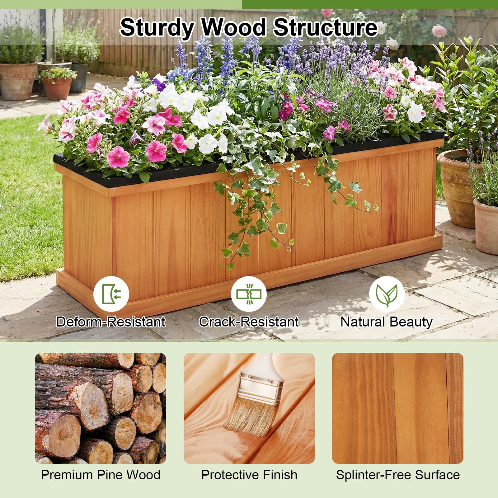 Costway 2 PCS Wood Raised Garden Bed with Drainage Holes, Liner for Flowers Vegetables Herbs