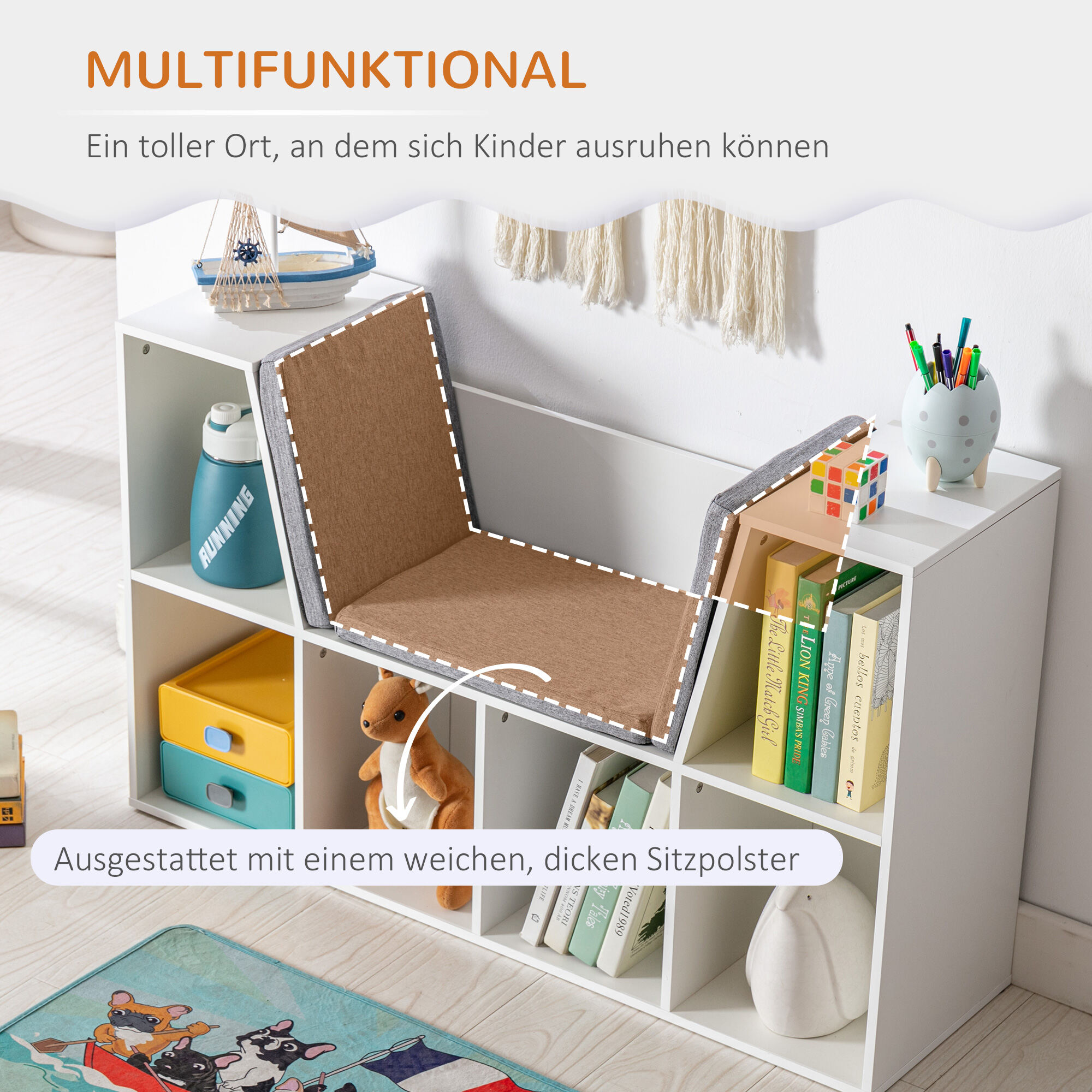 Kids Furniture HOMCOM 6-Cubby Kids Bookcase with Reading Nook and Cushion, Multi-Purpose Storage Organizer for Bedroom, Living Room, Pure White,Baby Furniture