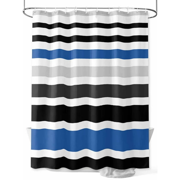 Abstract Striped Shower Curtain, Blue Black White Bathroom Decor Curtains Set with Hooks, Waterproof Fabric Home Accessories, 66 X 72 Inch Long