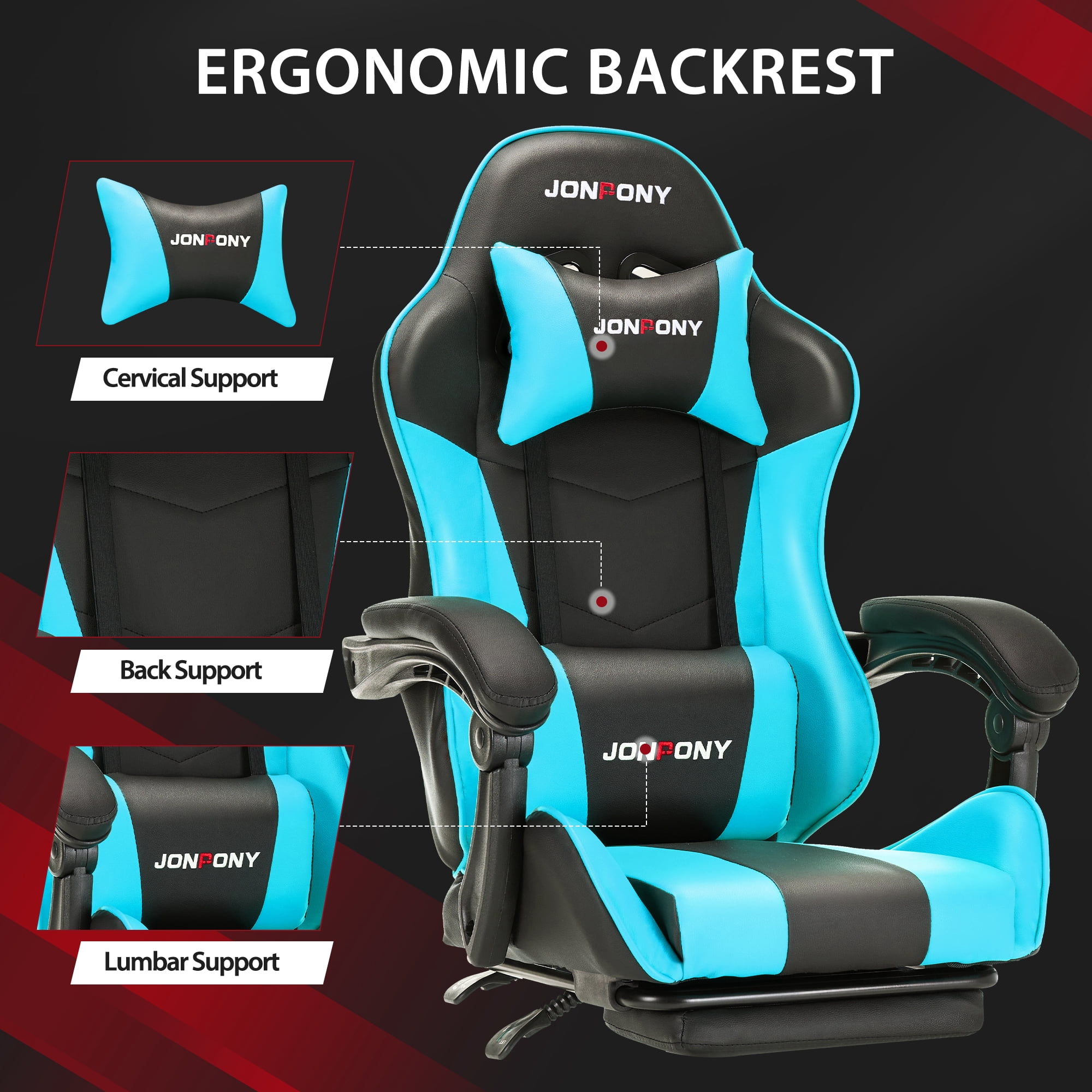 JONPONY Big and Tall 400LBS Gaming Chair, Ergonomic Design, Gamer Chair PU Leather with Footrest and Lumbar Support, High Back Office Chair Support 8 Hours Long Sitting, Computer Chair,Blue