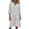 thumbnail image 4 of Ohufall Dress Women Cotton Linen Button V Neck 3/4 Sleeve Midi Dress Pocket Pleated Solid Color Fashion Dresses, 4 of 4