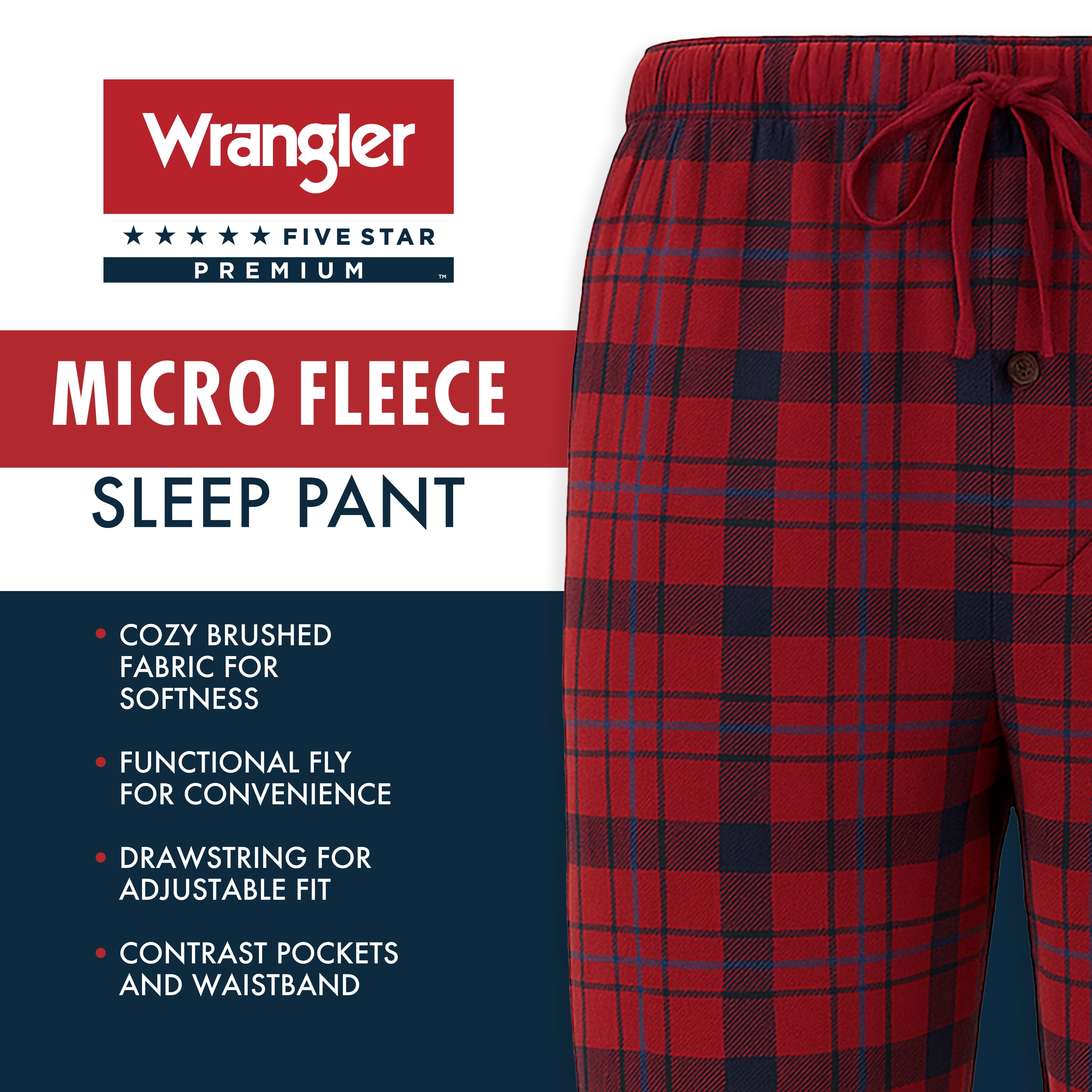 Wrangler Ultra Comfort Microfleece Men's Lounge Pants, Relaxed Fit, Plaid, 100% Polyester Fleece, M-2XL