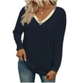 thumbnail image 2 of WHLBF Tops for Women Long Sleeve Fall Winter Classic Solid Color Gold V-neck Pullover T-shirt Navy S, 2 of 6
