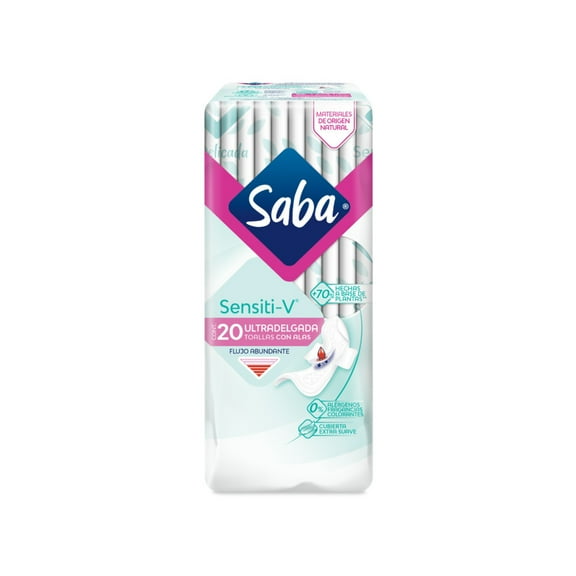 Toallas femeninas Saba Sensiti-V ultradelgada con alas flujo abundante 20 pzas