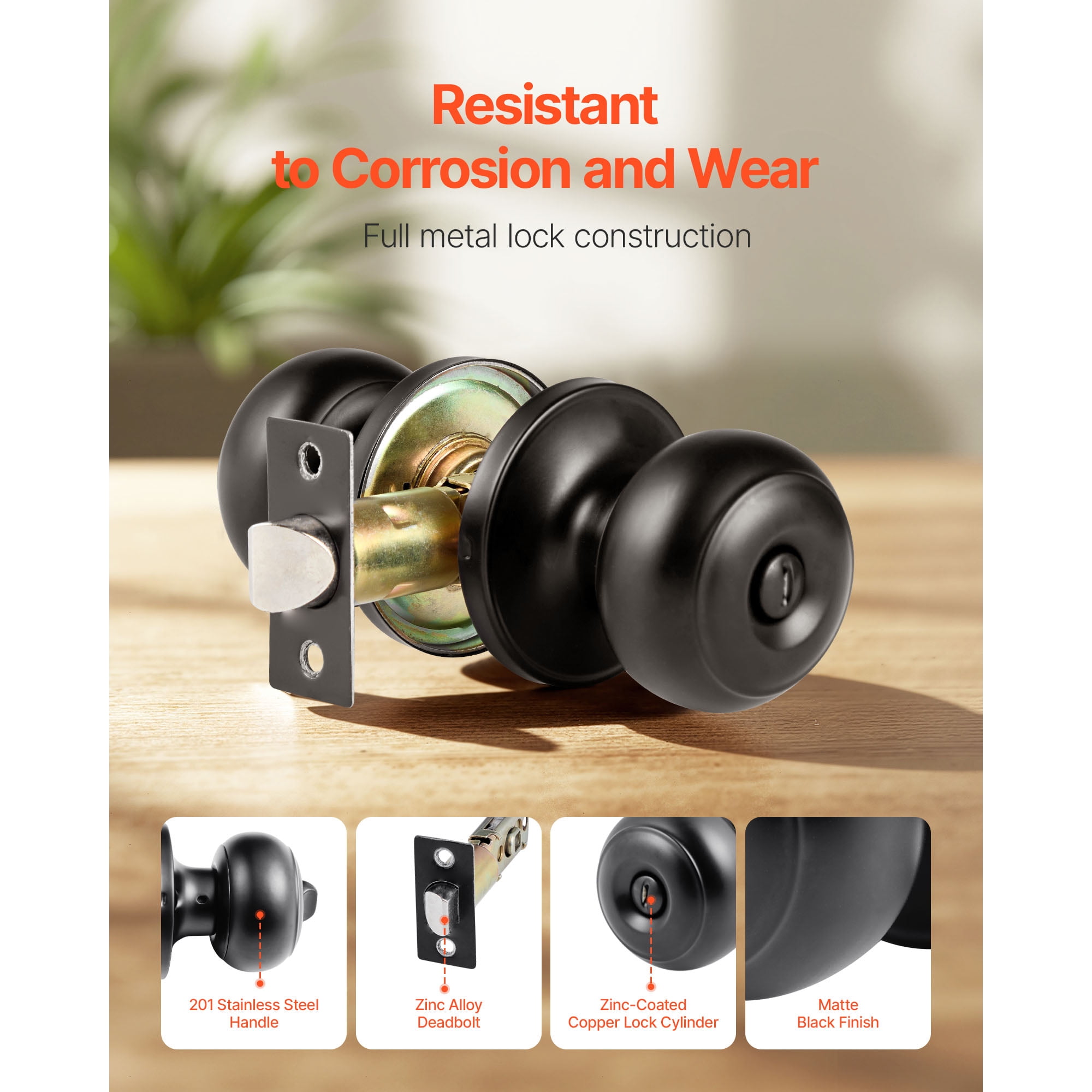 KFFKFF 6 Pack Black Door Knobs, Privacy Door Handles with Round Ball Design, Keyless Exterior and Thumb Turn Interior Lock, Durable Metal Construction, Matte Black Finish for Bedrooms and Bathrooms