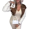 thumbnail image 4 of Women Crop Colorblock Baseball Uniform Short Jackets Leather Printed Long Sleeve Letter Embroidery Coat, 4 of 5