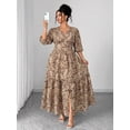 thumbnail image 4 of Coffee Brown Floral Print V-Neck Maxi Dress With Tiered Skirt, Side Slit And 3/4 Sleeves For Women, 4 of 7