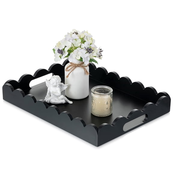 Hanobe Decorative Serving Tray with Scalloped Edge - Black Coffee Table Decor for Living Room Entryway Kitchen Counter