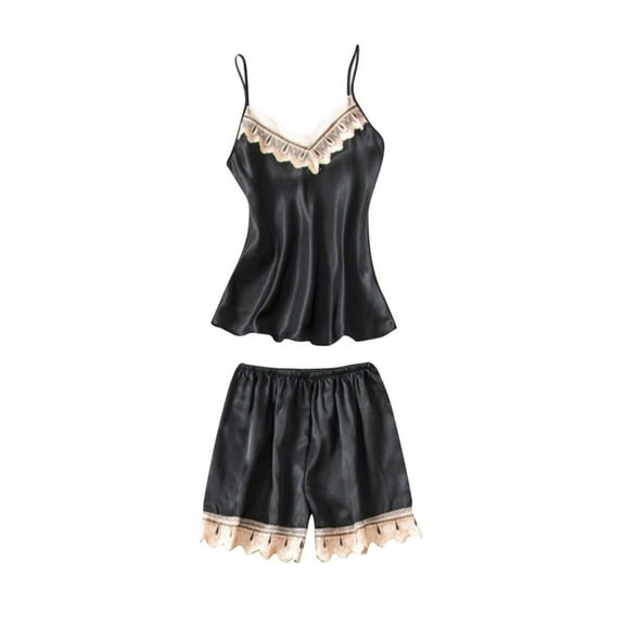 Tnhcen Women's Golden Lace Trim Silk-like Sleepwear Two-Piece Set Camisole   Shorts M-2XL Loungewear Soft & Shiny Pajamas Set