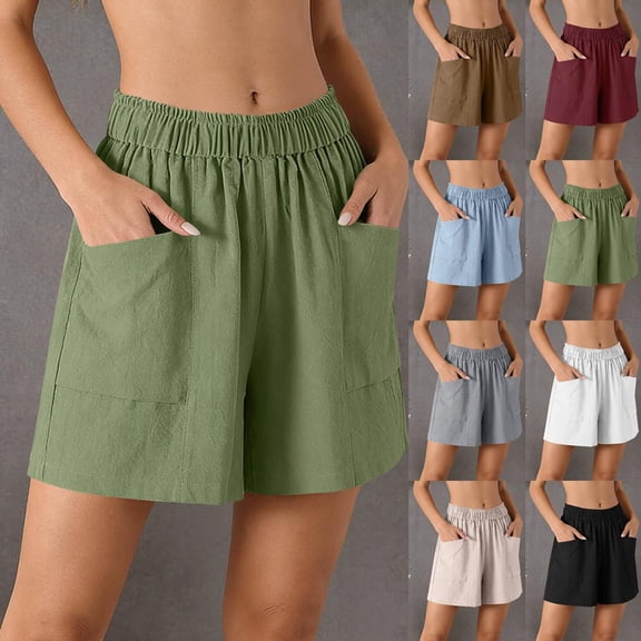Bxsruta Women's Cotton Shorts High Waist Loose Fit Elastic Waistband Wide Leg with Pockets for Summer Casual Lounge