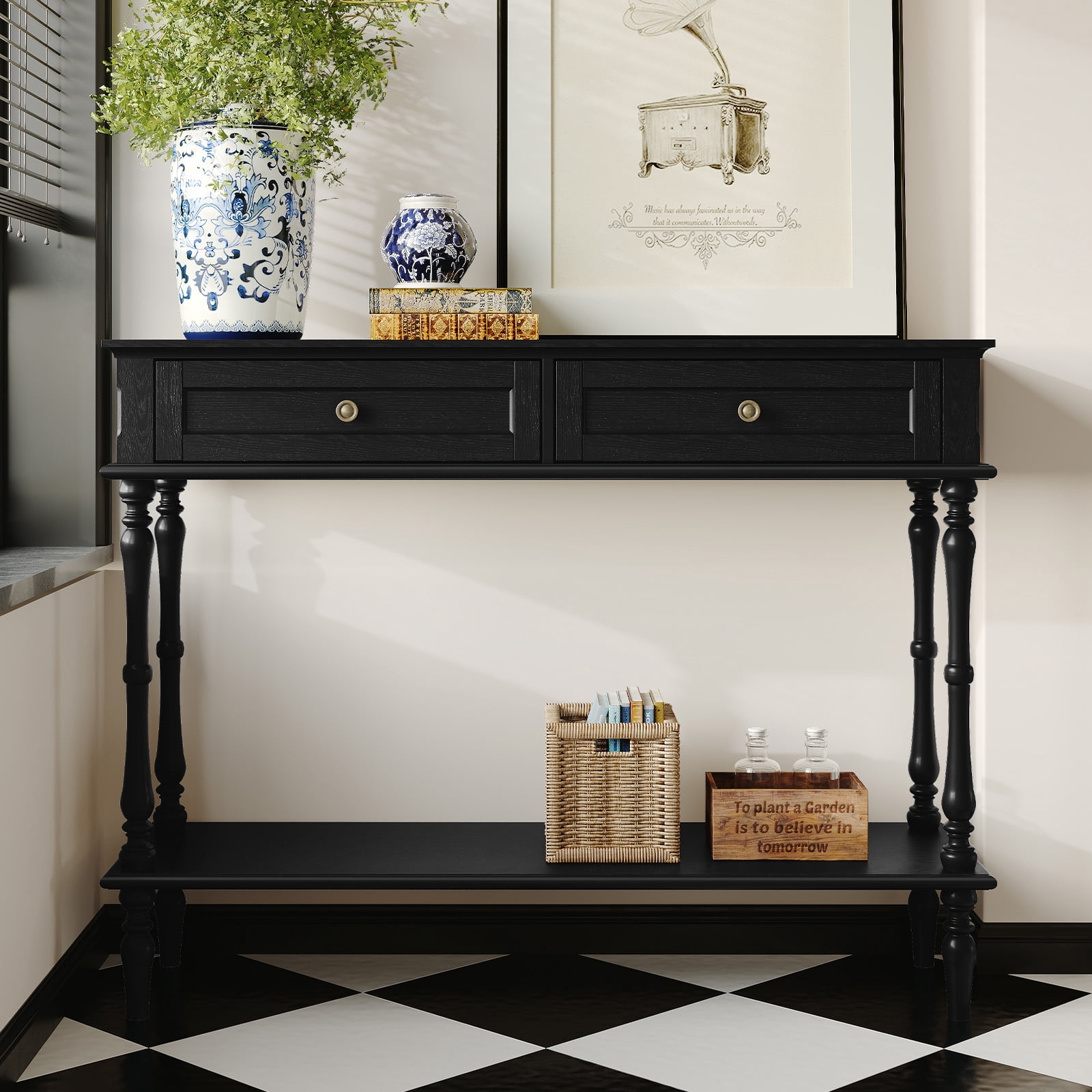 HLR 40" Modern Console Table, Assembled Entryway Table with 2 Drawers for Living Room, Black