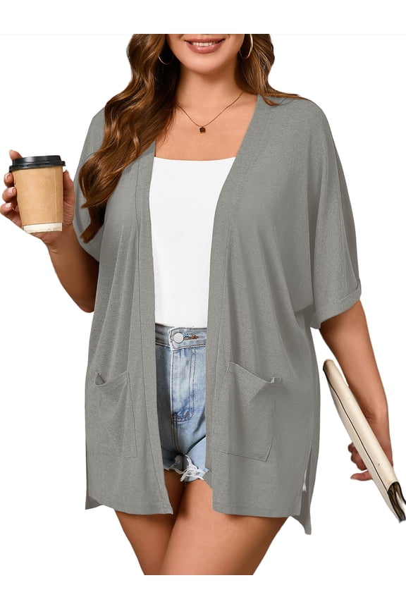 Women Plus Size Summer Kimono Sides Slit Gray 2X Lightweight Cardigan with Pockets Drape Beach Cover Up