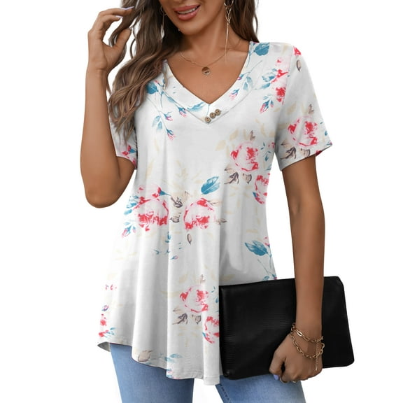 a.Jesdani Women's Plus Size Short Sleeve Henley Shirt V Neck Floral Blouses Tunic Tops for Women m-4x