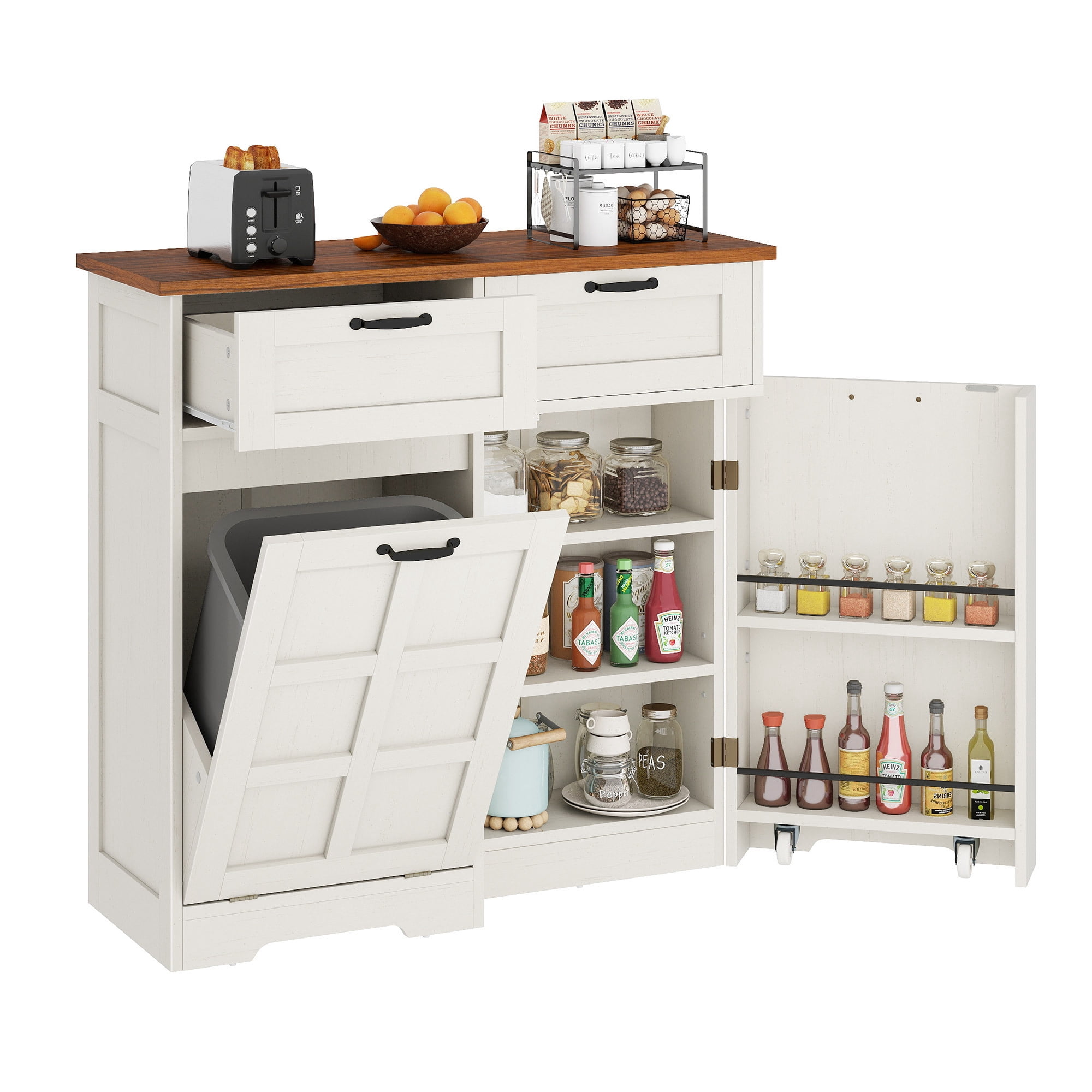 Uforic Kitchen Storage Buffet Cabinet for 10-gal Trash Bin, Tilt Out Trash Cabinet with Drawers & Shelves, White