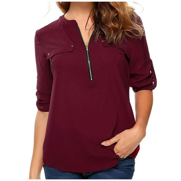 ZVAVZ Tops To Hide Belly for Women, Women's Summer Long Sleeve Shirts Dressy Loose Plus Size Tops Zip Casual Tunic Blouses V Neck Rollable Blouse Tops - Workout Tops