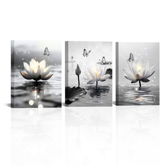 Zen Wall Art Lotus Butterfly Meditation Spiritual Wall Decor Pictures Zen Bathroom Canvas Print Painting Artwork Home Decorations for Yoga Spa Bedroom Bathroom Living Room 12x16inchx3panels（Framed）