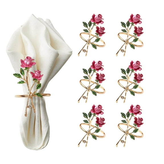 Rose Napkin Ring Set of 6, Valentines Day Napkin Rings, Napkin Ring Holders for Dining Table Metal Decor, Hollow Out Floral