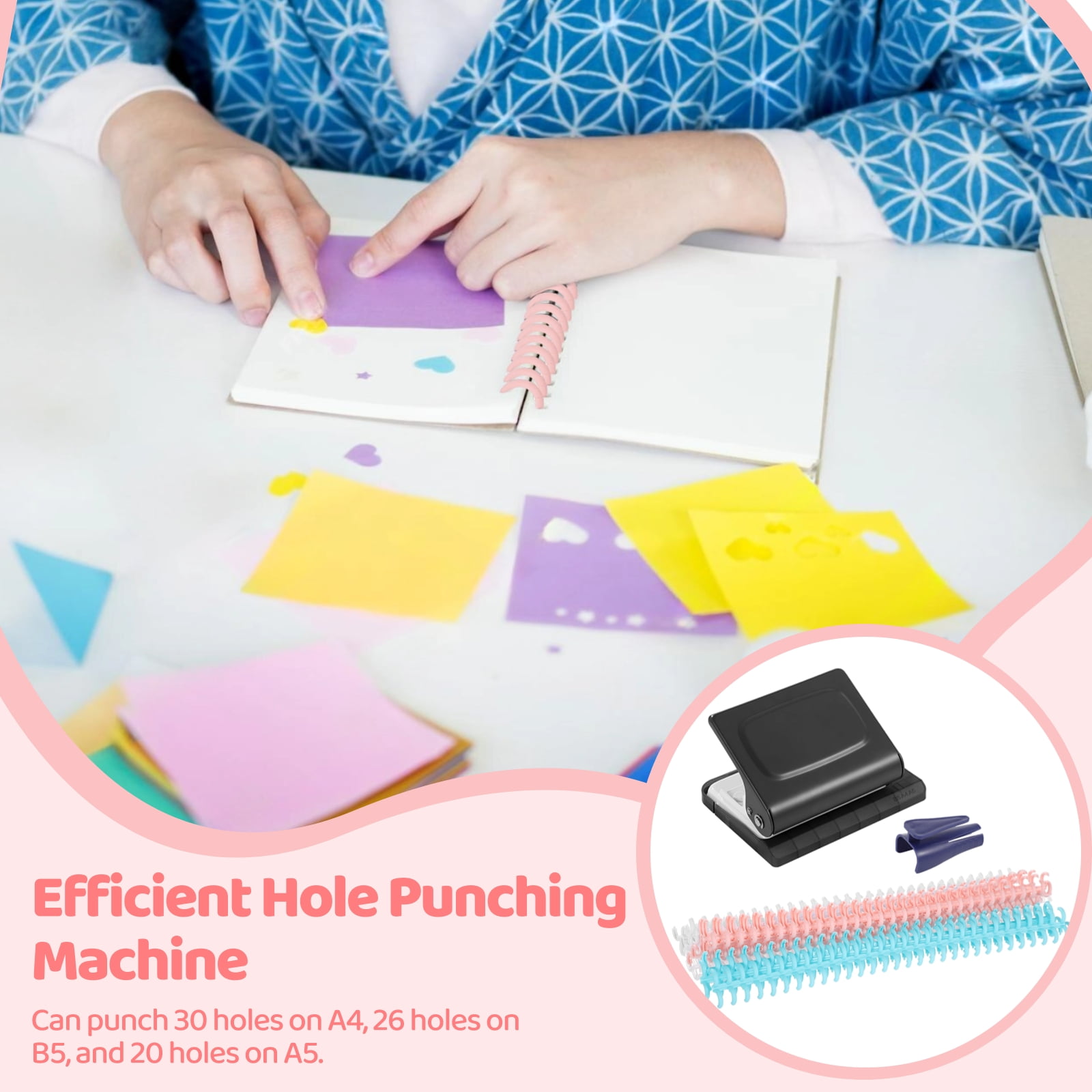 10-Holes Mini Manual Binding Machine, Book Binding Machine with 4-Color Binding Spines, Multipurpose Coil Binding Machine for Home Office