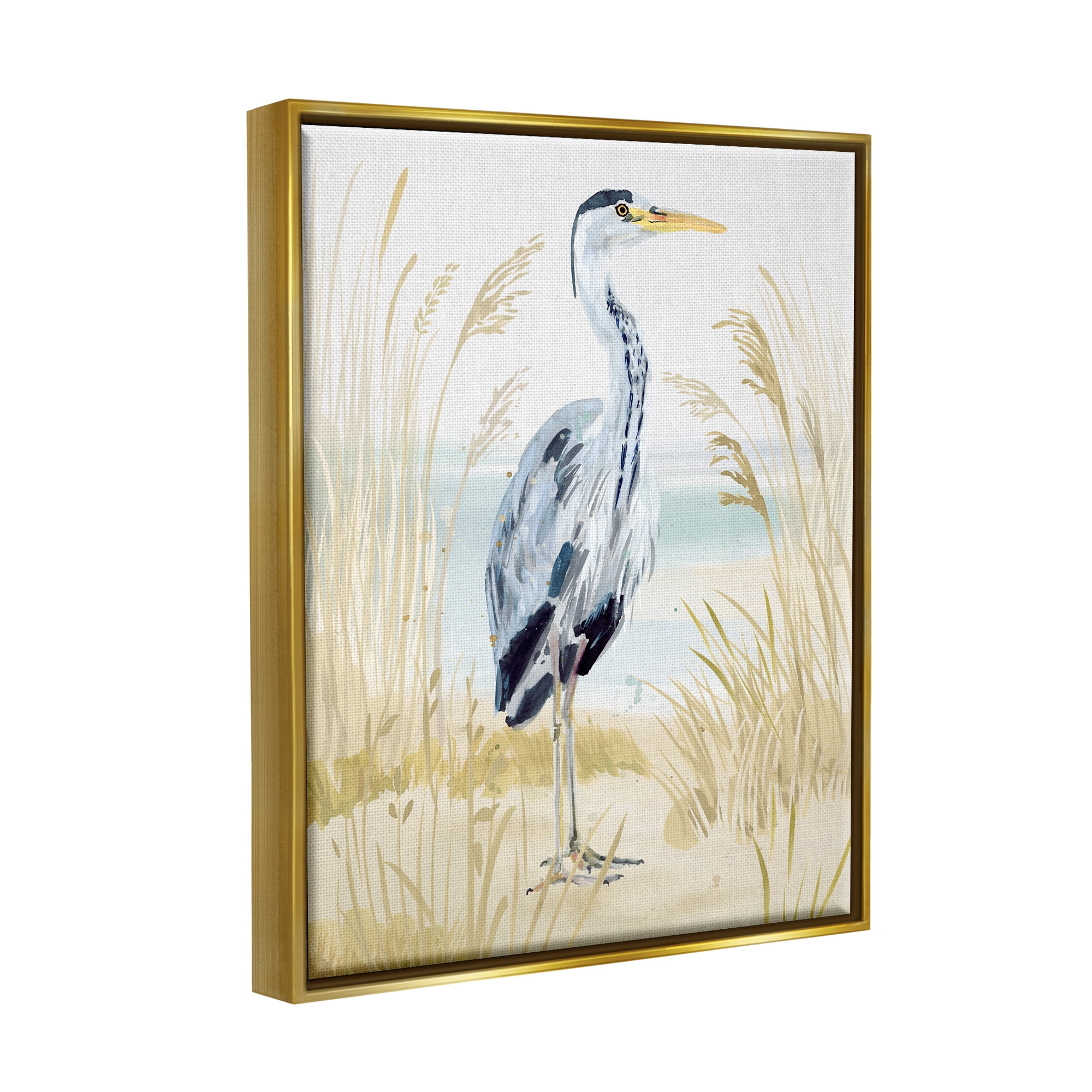 Stupell Industries Modern Heron on Beach Animals & Insects Painting Gold Floater Framed Canvas Art Print Wall Art, 17 x 21