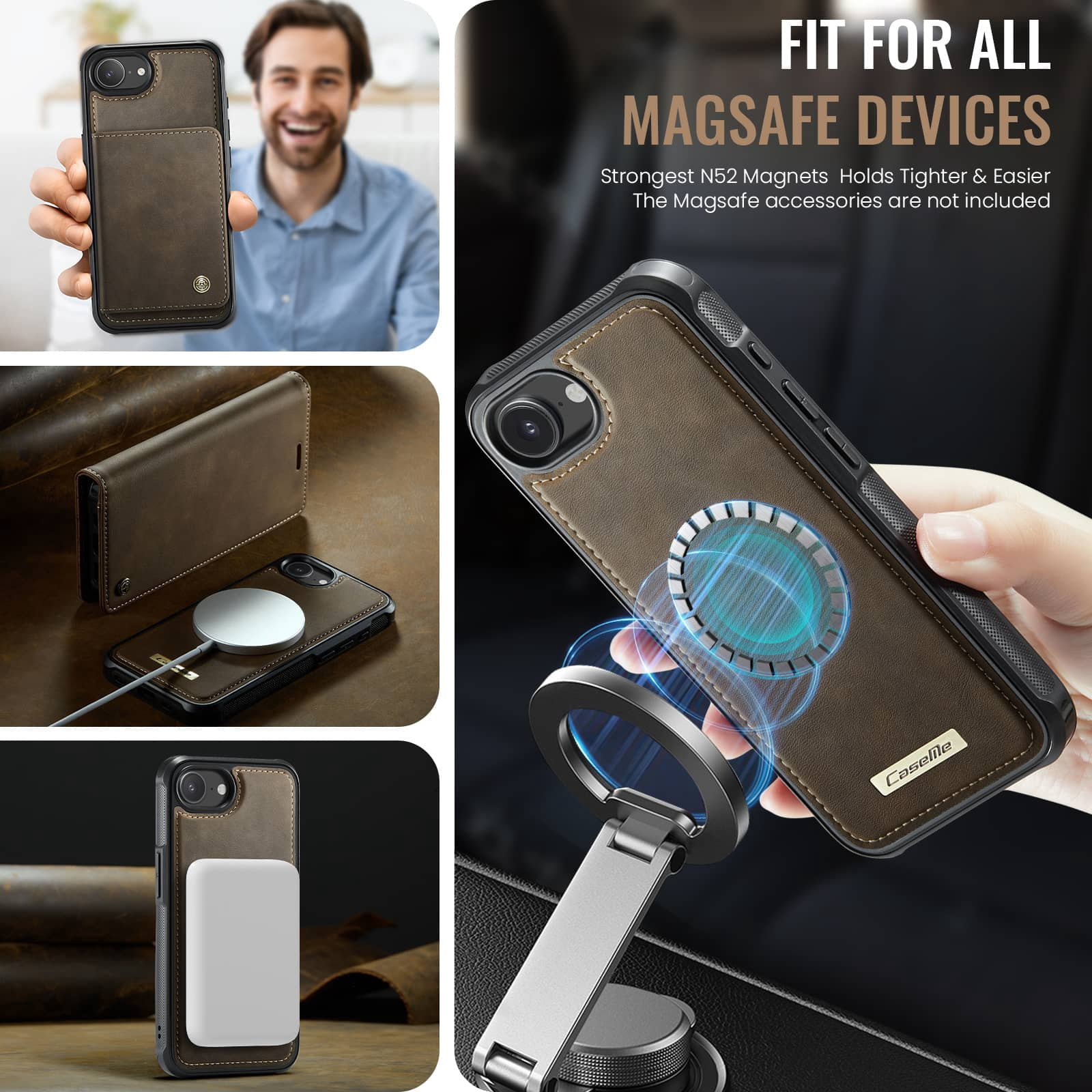 Magnetic 2 in 1 Magsafe Detachable Wallet Case for iPhone 16e with Card Holder Women Men, Retro PU Leather【RFID Blocking】Kickstand Shockproof Cover