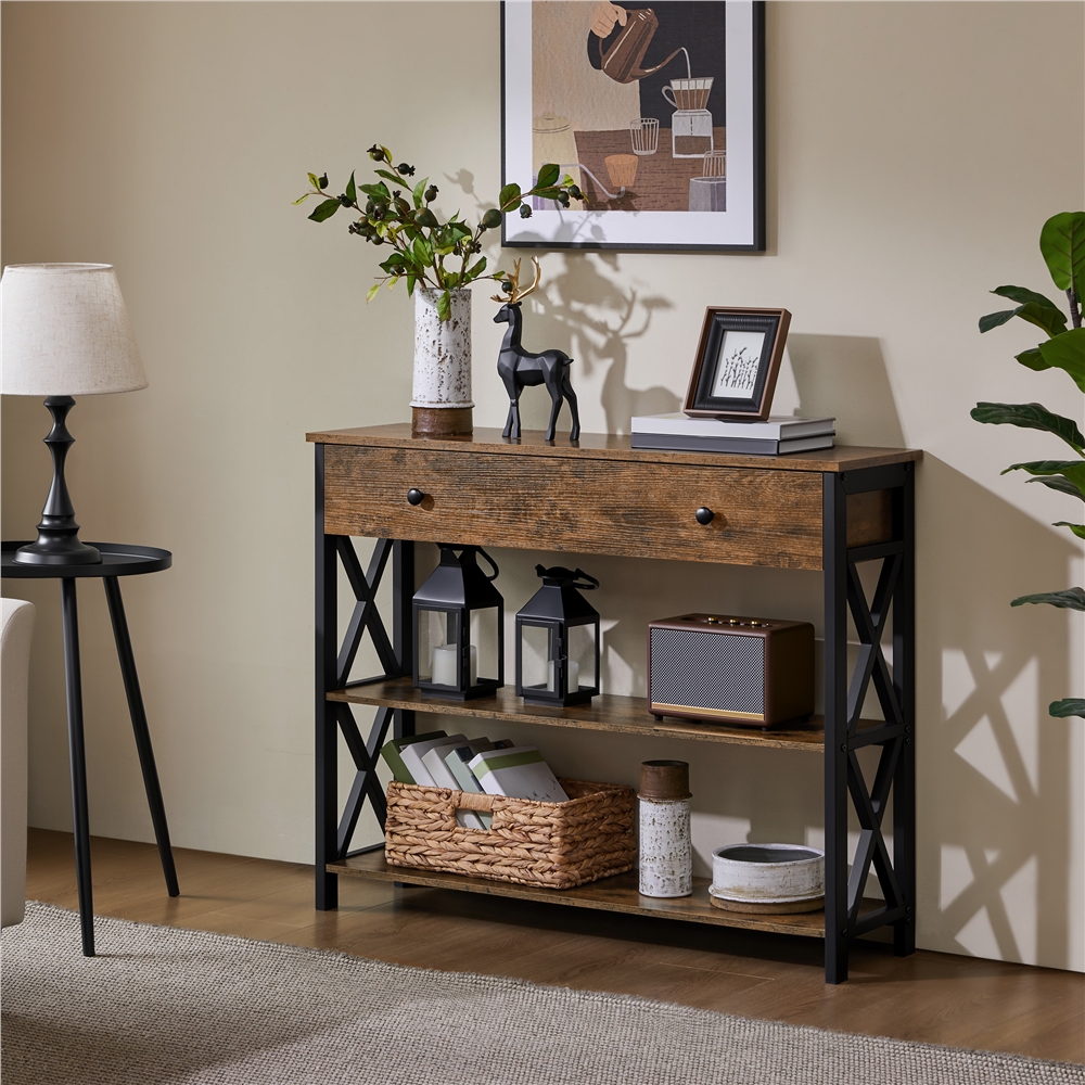 Yaheetech 2-Tier X-Design Wooden Console Table, Rustic Brown photo 2