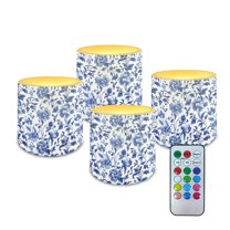 Kuiaobaty Flameless Votive Candles Flower Leaf Blue Pattern 4 Pcs LED Pillar Candle Tealights Long Lasting with Remote Timer for Indoor Outdoor Coastal Home Decoration