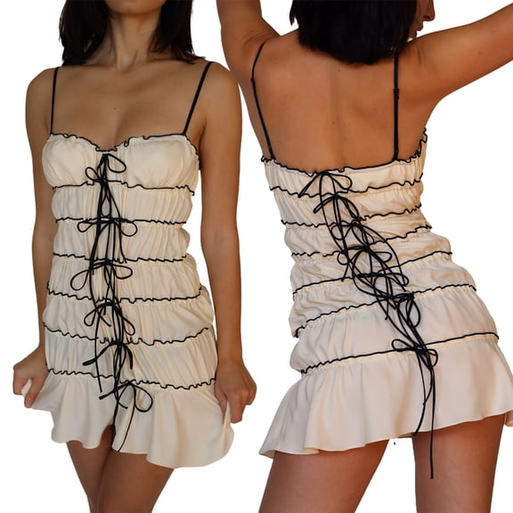 Women Summer Y2k Sling Dress Sleeveless Sexy Spaghetti Straps Lacing Pleated See-Through Party Night Mini Dress