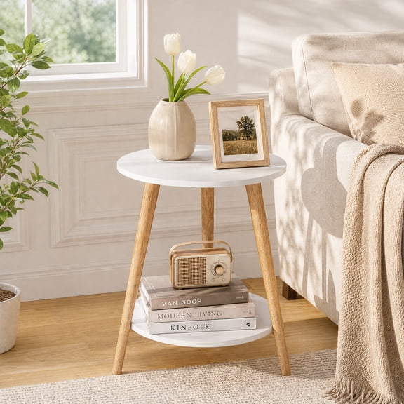 YEERSWAG® 20 Inch Height Round Side Table, 2-Tier End Table with Storage Shelf, Modern Nightstand with Solid Wood Legs, Waterproof Sturdy Accent Table for Living Room Bedroom Sofa Couch, White