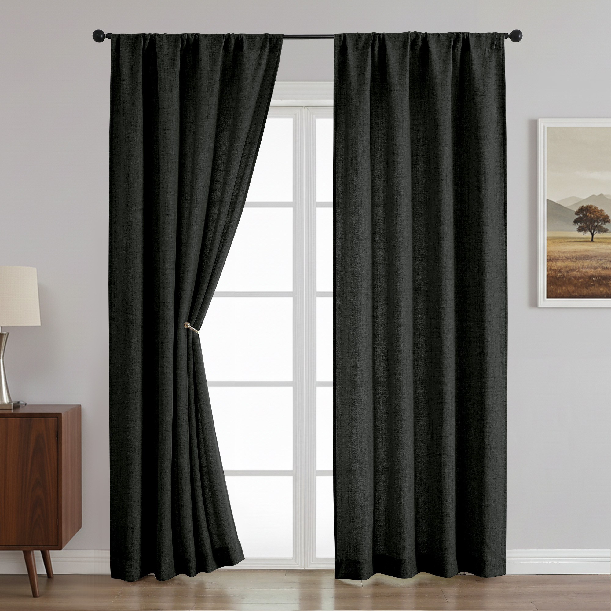 OVZME Judy Black Curtains 84 Inches Long 2 Panels, Light Filtering Faux Linen Textured Window Curtains for Living Room, Soft Airy Farmhouse Bedroom Curtain, Each 42Wx84L, Black