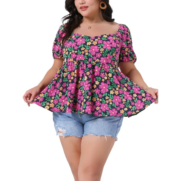 Blusas de verano casuales para mujer de talla grande Agnes Orinda con escote en forma de corazón, manga corta, dobladillo con volantes y espalda fruncida 3X Rosa intenso