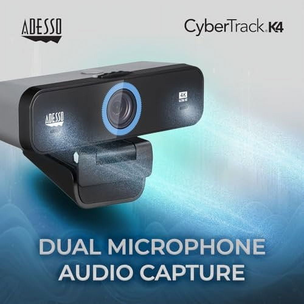 Adesso CyberTrack K4 4K Ultra HD Fixed Focus USB Webcam with Adjustable Field of View Angle, Built-in Dual Microphones, Privacy Audio/Video Switch & Tripod Mount