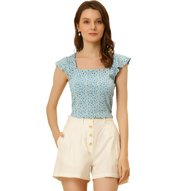 Camiseta de manga corta Allegra K cuello cuadrado mujer Gris azul L