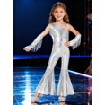 thumbnail image 2 of TiaoBug Kids Girls' Metallic Bell Bottom Jumpsuit Sleeveless One Shoulder One Piece Dance Outfits with Gloves Silver 6, 2 of 6