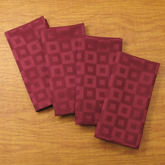 Blocks Design Woven Easy Care Microfiber Fabric Dinner Napkin, Set of 4 (Burgundy)