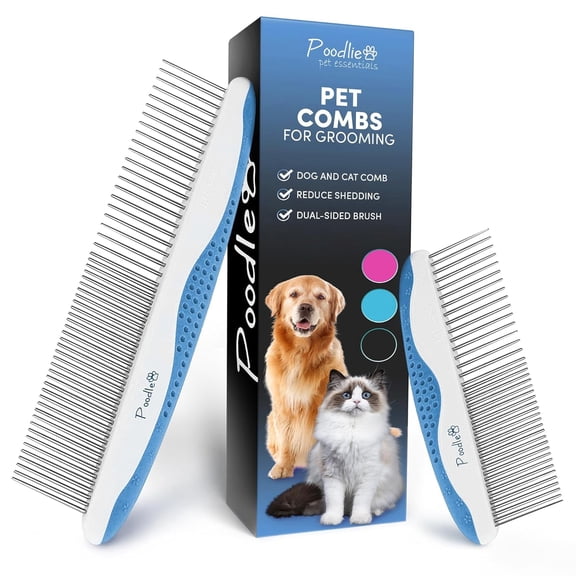 Poodle Pet Cat and Dog Grooming Comb with Stainless Steel Teeth, 2 Pack (Blue)